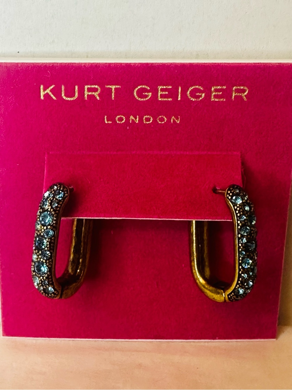 NWT Kurt Geiger Antique Gold  Hoop Earrings with Turquoise Crystals